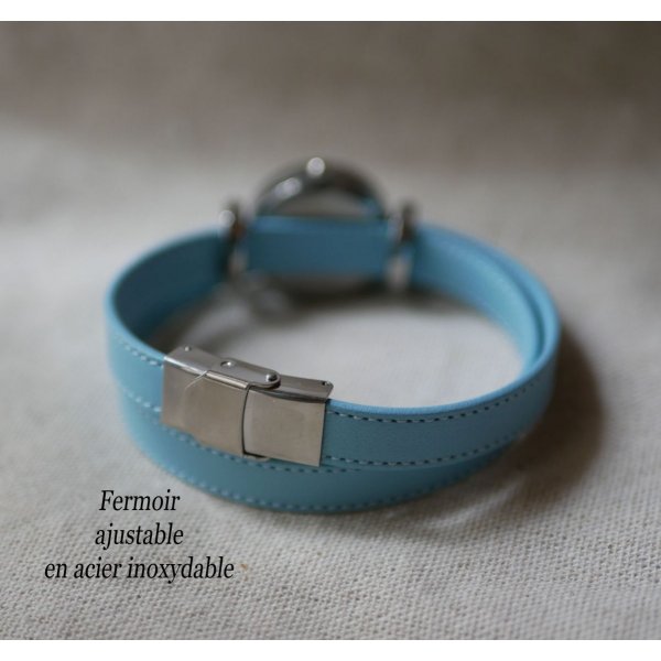 Rel&oacute;gio de couro azul celeste de dupla volta