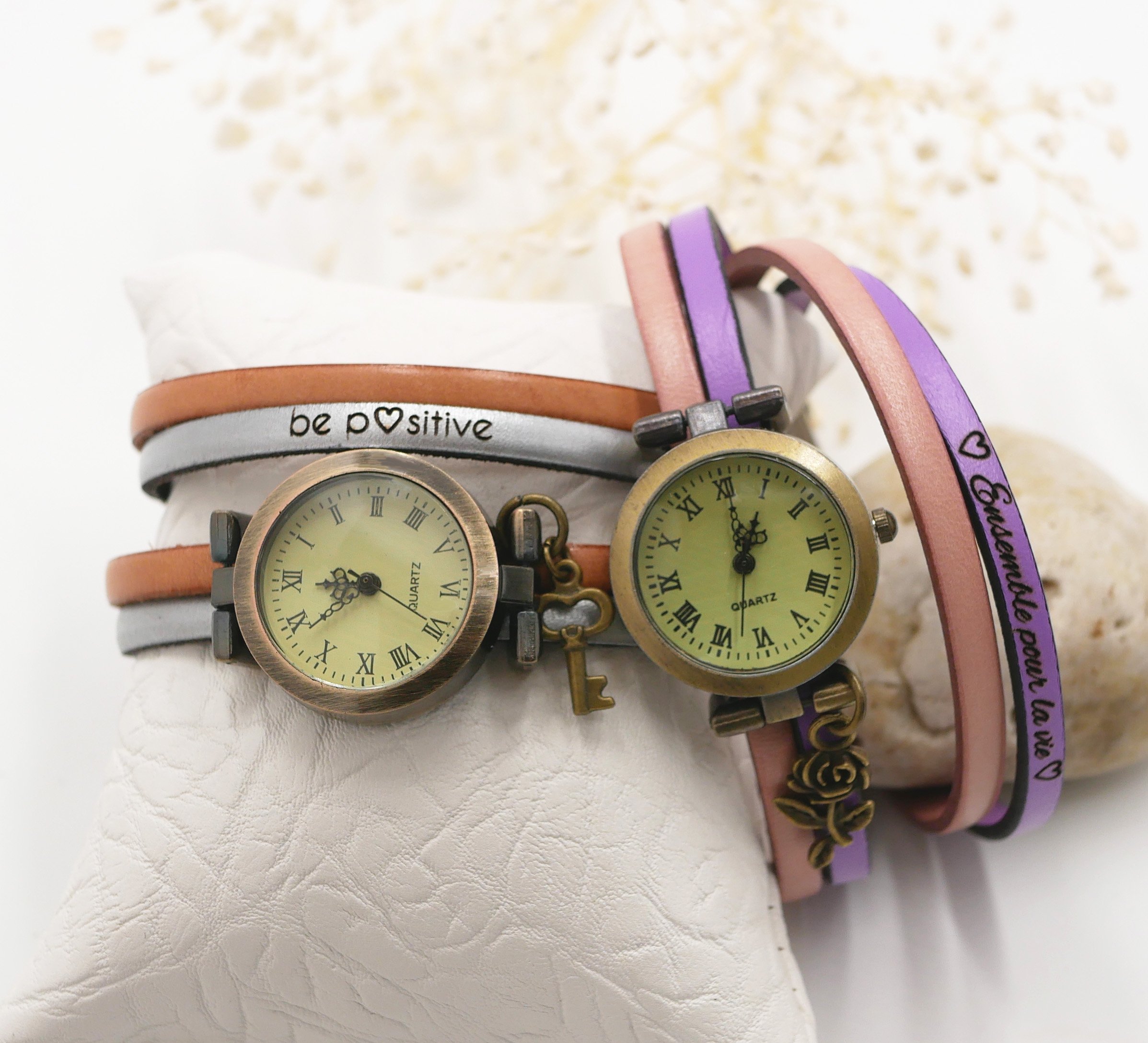 Duo de cores de relógio de pulso de couro de dupla viagem personalizável