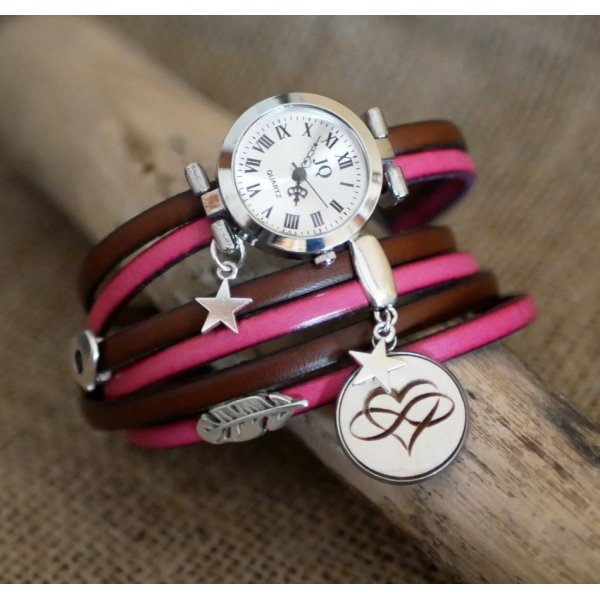 Rel&oacute;gio triplo de turismo em duo de couro e cabochon de madeira para personalizar 