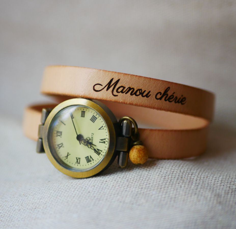 Relógio bracelete de couro bronze 2 voltas fecho ajustável