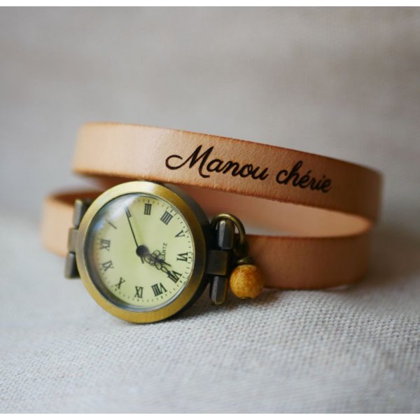 Rel&oacute;gio bracelete de couro bronze 2 voltas fecho ajust&aacute;vel