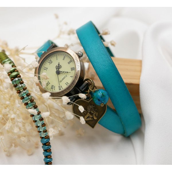 Rel&oacute;gio bracelete de couro bronze 2 voltas fecho ajust&aacute;vel