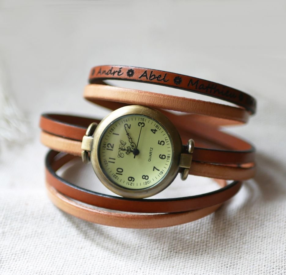 Relógio com mostrador em bronze Vintage com correia tripla de couro personalizada