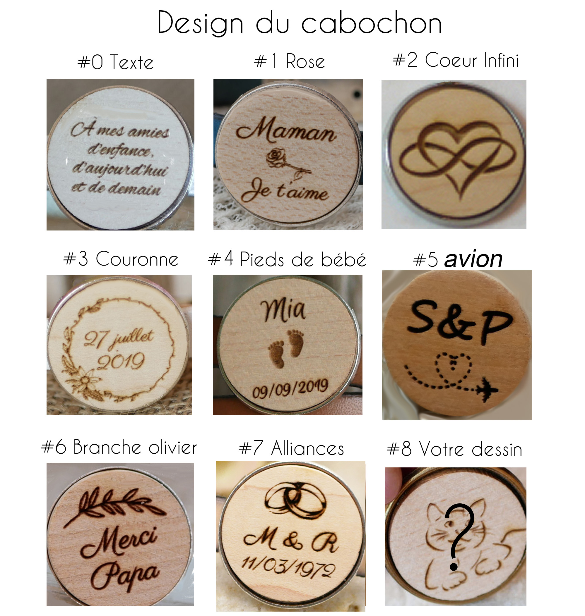 Porta-chaves com cabochão de madeira gravado e argola de corda personalizada numa seleção de cores