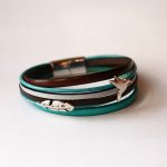 Pulseira de punho em turquesa e couro castanho com 2 argolas prateadas