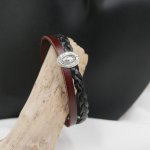 Pulseira medalhão duo de pele tecida vintage preta e castanha com fecho magnético