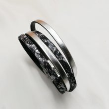 Bracelete em pele preta prateada com brilhantes para personalizar
