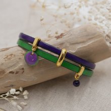 Pulseira dupla em pele com pingentes dourados e lantejoulas verde-púrpura 