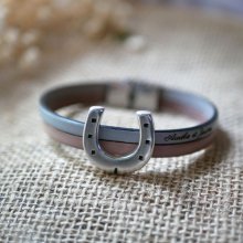 Pulseira de duo em couro e laço em ferradura personalizável para homens ou mulheres