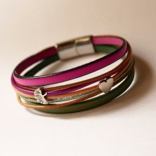 Pulseira de couro fúcsia com 2 argolas prateadas