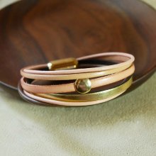 Pulseira de punho multi-couro em pêssego e ouro para mulher