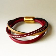 Pulseira de punho vermelha e dourada em multi-couro para mulher