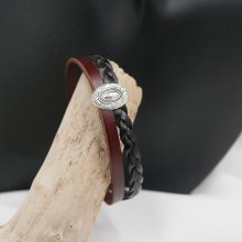 Pulseira medalhão duo de pele tecida vintage preta e castanha com fecho magnético