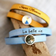 Bracelete de couro mulher virada duas vezes para ser personalizada decorada com um cabochon de cristal Swarovski 