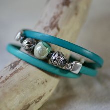 Pulseira de couro e pérolas para mulheres, verde turquesa, para ser personalizada 