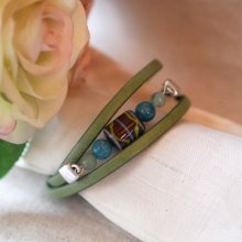 Pulseira de couro verde turquesa e contas de cerâmica para mulher, para personalizar 