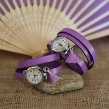 Relógio pulseira de couro Lilás 2 ou 3 cartuchos com pompom