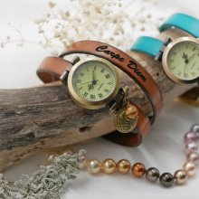 Relógio bracelete de couro bronze 2 voltas fecho ajustável