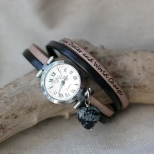 Relógio de correia dupla de couro com coração de pedra obsidiana, cores a personalizar 