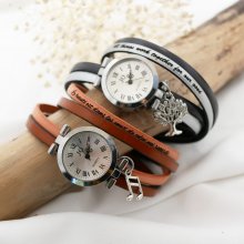 Relógio com pulseira dupla de couro, mostrador prateado, cor à sua escolha, para ser personalizado 