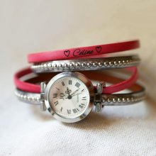 Relógio com pulseira dupla de couro prateado escolha da cor das contas para personalizar 