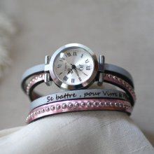 Relógio com pulseira dupla de couro metálico cor-de-rosa para personalizar 