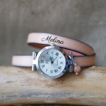 Relógio pulseira em pele 2 voltas personalizável com mostrador em prata
