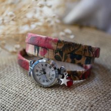 Relógio pulseira de cortiça florida com pérola vermelha de encanto 