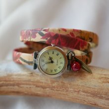 Relógio bracelete de cortiça florida 3 voltas com pérola vermelha de encanto 